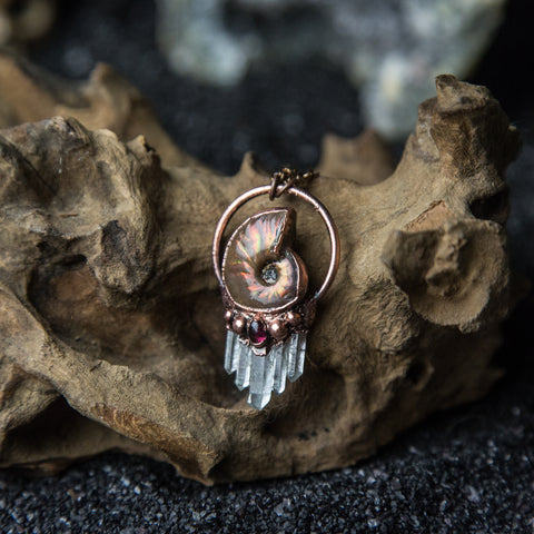 Ammonite Pendant with Garnet and Quartz Crystals