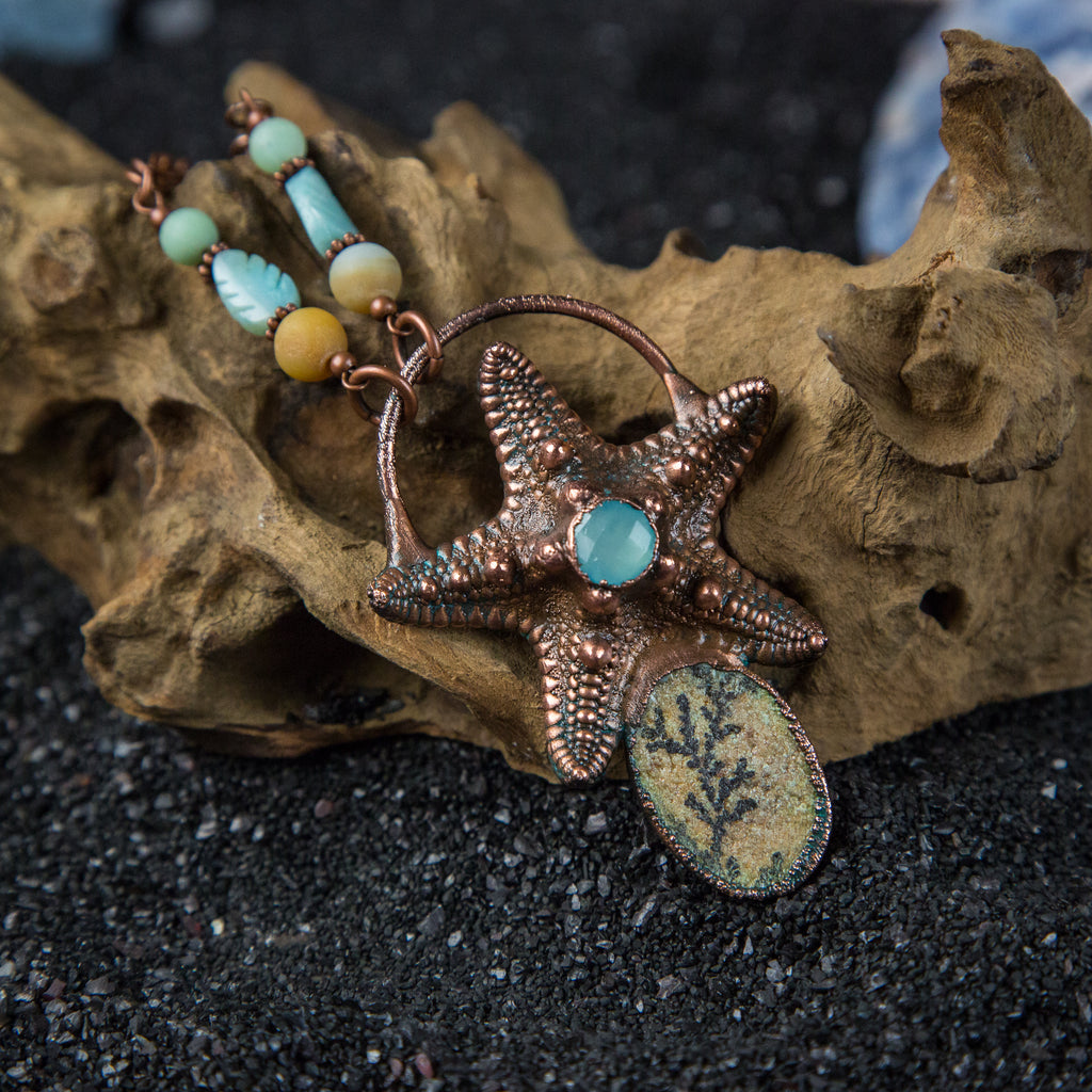 Real Starfish with Faceted Chalcedony and Dendritic Limestone Cabochon