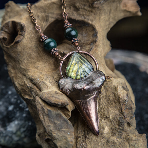 Shark Tooth Pendant Topped with Carved Labradorite