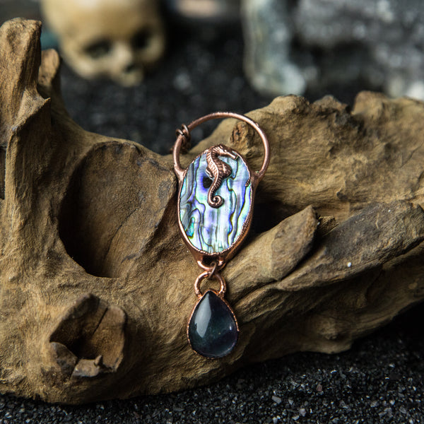 Abalone Cabochon with Fluorite and Copper Seahorse