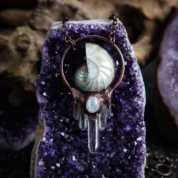 Nautilus Pendant with Moonstone and Quartz Crystals